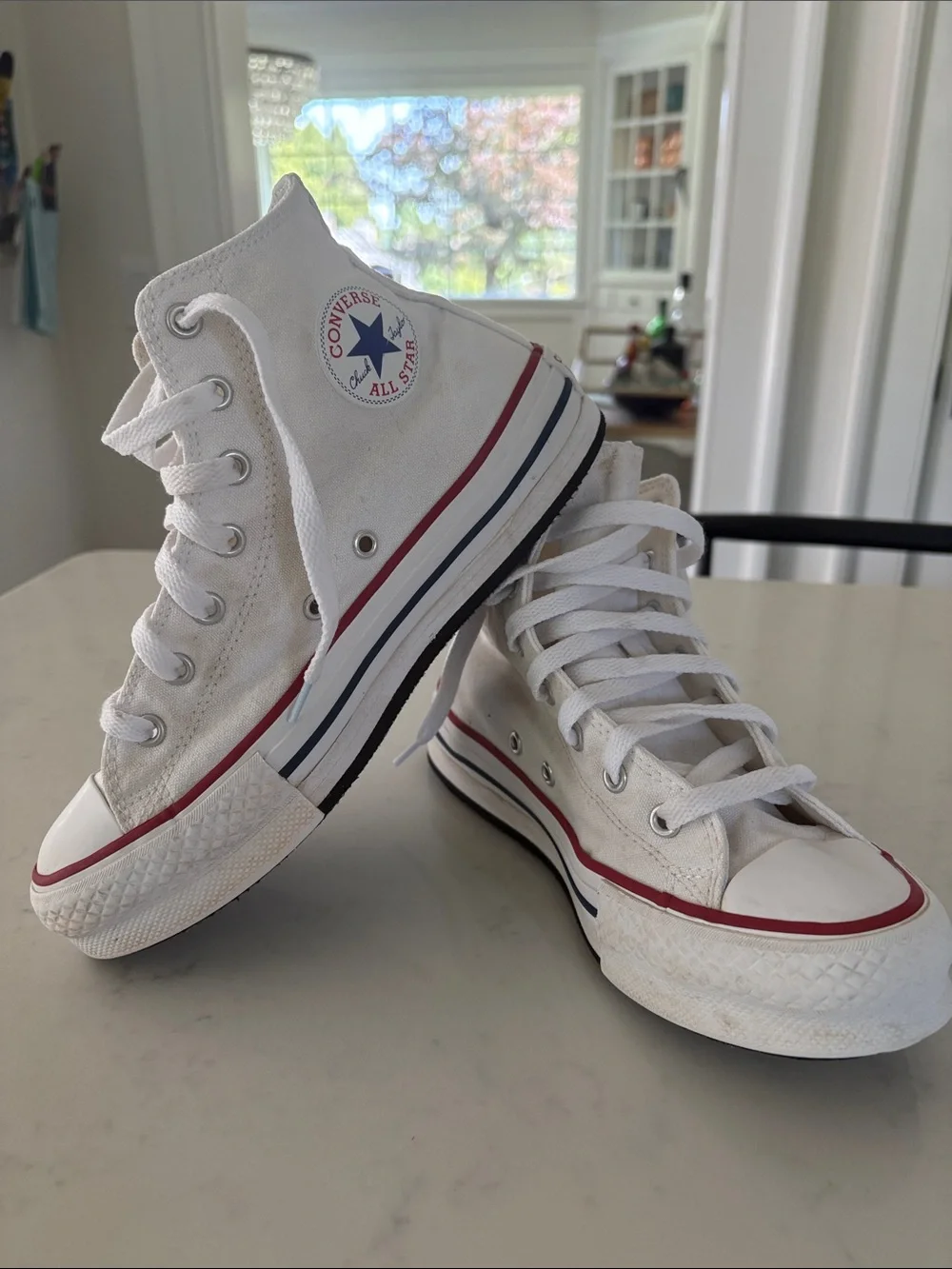 Converse Kid’s Platform White High Top Sneakers with Red & Navy Stripe